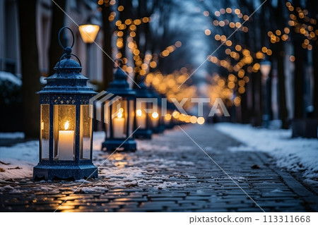 Elegant Candlelight Lantern Decoration on Snowy Winter Street Elegant Candlelight Lantern Decoration on Snowy Winter Street 113311668