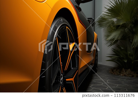 Close-up View of Electric Sports Car from Rear Side. Orange color. Alloy wheels. 113311676