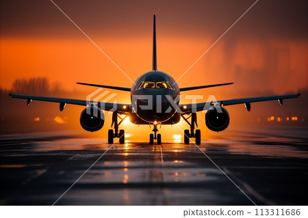 Captivating Evening View of an Airplane on a Runway with Sunset as the Backdrop. Captivating Evening View of an Airplane on a Runway with Sunset as the Backdrop. 113311686