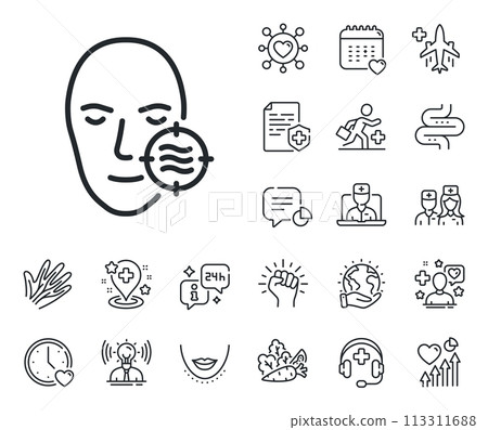 Need facial care sign. Online doctor, patient and medicine outline icons. Problem face skin line icon. Target symbol. Problem skin line sign. Veins, nerves and cosmetic procedure icon. Vector Need facial care sign. Online doctor, patient and medicine outline icons. Problem face skin line icon. Target symbol. Problem skin line sign. Veins, nerves and cosmetic procedure icon. Vector 113311688