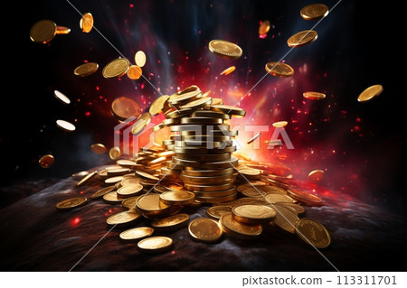 Golden coins hinting to a big gambling win Concept. Vibrant colors. Golden coins hinting to a big gambling win Concept. Vibrant colors. 113311701