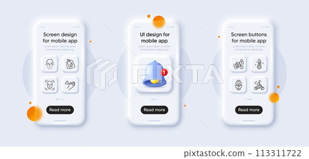Cyclist, Bio tags and Cardio training line icons pack. 3d phone mockups with bell alert. Glass smartphone screen. Face recognition, Bicycle lockers, Thermometer web icon. Vector 113311722