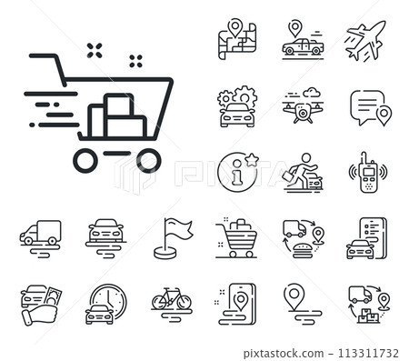 Express order sign. Plane, supply chain and place location outline icons. Shopping cart line icon. Fast buying symbol. Shopping cart line sign. Taxi transport, rent a bike icon. Travel map. Vector 113311732