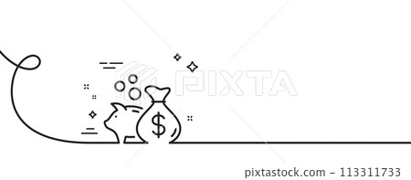 Loan line icon. Continuous one line with curl. Business mortgage sign. Piggy bank symbol. Loan single outline ribbon. Loop curve pattern. Vector 113311733