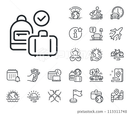 Travel handbag sign. Plane jet, travel map and baggage claim outline icons. Carry-on baggage line icon. Allowed luggage bag symbol. Carry-on baggage line sign. Car rental, taxi transport icon. Vector 113311748