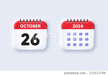 Calendar date 3d icon. 26th day of the month icon. Event schedule date. Meeting appointment time. 26th day of October month. Calendar event reminder date. Vector Calendar date 3d icon. 26th day of the month icon. Event schedule date. Meeting appointment time. 26th day of October month. Calendar event reminder date. Vector 113311749