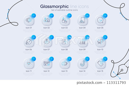 Set of Smartphone waterproof, Teamwork and Hold document line icons for web app. Heartbeat, Aroma candle, Candy icons. Online storage, Coffee cup, Money exchange signs. Timer, Eye laser. Vector Set of Smartphone waterproof, Teamwork and Hold document line icons for web app. Heartbeat, Aroma candle, Candy icons. Online storage, Coffee cup, Money exchange signs. Timer, Eye laser. Vector 113311793
