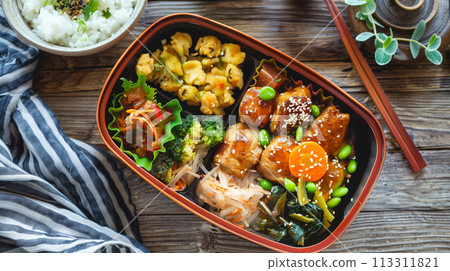 Healthy packed lunches filled with fresh fruits and vegetables, colorful and balanced meals 113311821