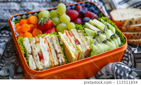 Healthy packed lunches filled with fresh fruits and vegetables, colorful and balanced meals 113311834