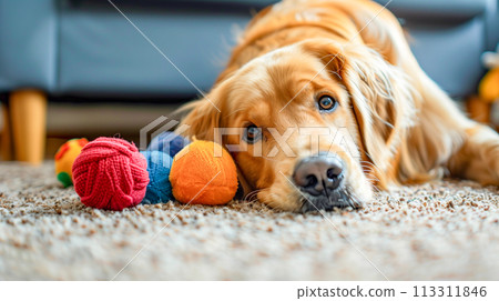 A moment of peace as a golden retriever lies down with thoughtful eyes, surrounded by the warmth of home. A moment of peace as a golden retriever lies down with thoughtful eyes, surrounded by the warmth of home. 113311846