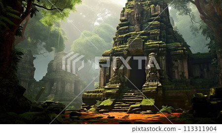 Ruins of ancient city in jungle. Old ruined buildings in forest. Archaeology and history. 113311904