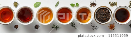 Assorted tea leaves and floral varieties displayed elegantly on a white backdrop 113311969