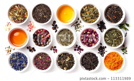 Various types of tea leaves and flowers in white ceramic bowls on white background, top view Various types of tea leaves and flowers in white ceramic bowls on white background, top view 113311989