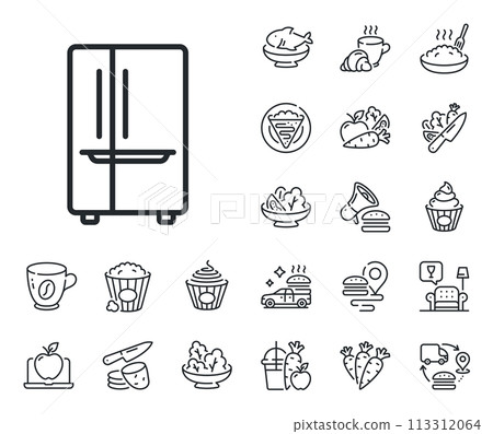 Fridge sign. Crepe, sweet popcorn and salad outline icons. Two-chamber refrigerator line icon. Freezer storage symbol. Refrigerator line sign. Pasta spaghetti, fresh juice icon. Supply chain. Vector 113312064