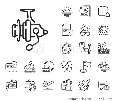 Fisherman coil sign. Plane jet, travel map and baggage claim outline icons. Fishing reel line icon. Spinning equipment symbol. Fishing reel line sign. Car rental, taxi transport icon. Vector Fisherman coil sign. Plane jet, travel map and baggage claim outline icons. Fishing reel line icon. Spinning equipment symbol. Fishing reel line sign. Car rental, taxi transport icon. Vector 113312066