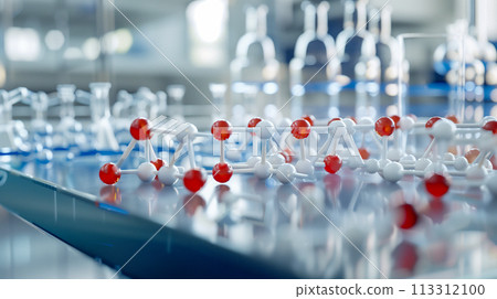 各種藥物膠囊的特寫，醫學概念。複雜的分子鍵，生物醫學主題 113312100