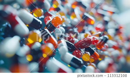 各種藥物膠囊的特寫，醫學概念。複雜的分子鍵，生物醫學主題 113312108