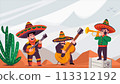 Mariachi. A group of funny Mexican musicians against a desert background. Vector illustration in flat style. 113312192