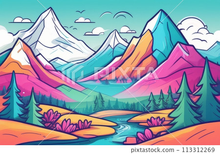 A colorful, stylized digital art piece depicting a mountain landscape with flowing river and trees 113312269