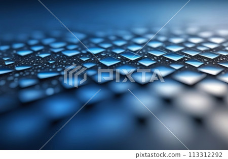 Macro shot of a blue technological surface with water droplets 113312292