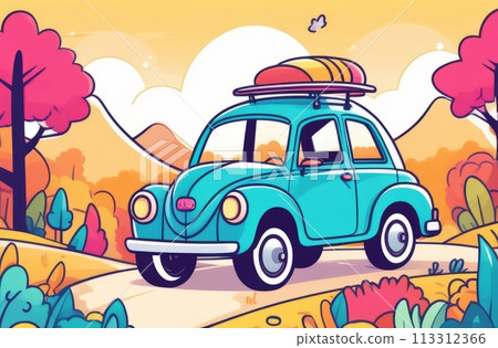The illustration shows a blue car with a roof rack driving through a picturesque autumn landscape The illustration shows a blue car with a roof rack driving through a picturesque autumn landscape 113312366