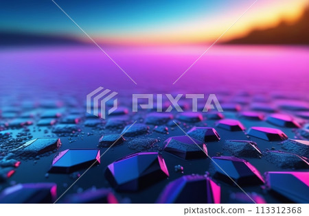 A vivid neon sunset reflects over a futuristic geometric surface with droplets. 113312368
