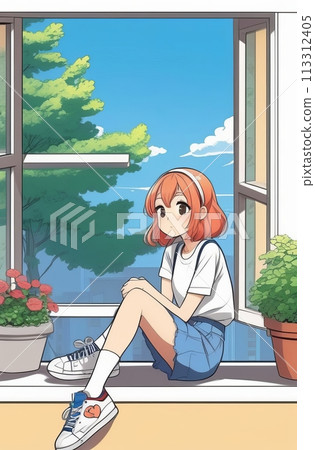 A serene anime girl sits by a sunny window framed by greenery 113312405
