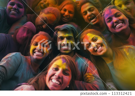 Top view of Diverse friends covered in colorful powder smiling during Holi festival celebrations 113312421