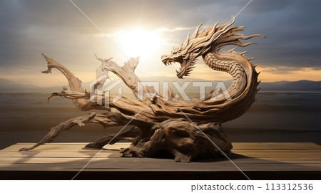Stunning strong realistic wooden dragon sitting on a piece of driftwood. 113312536