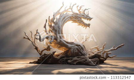 Stunning strong realistic wooden dragon sitting on a piece of driftwood. 113312547