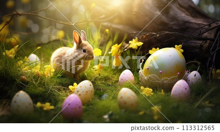 Cute Easter bunnies are sitting in the grass with colored eggs. Photo 113312565