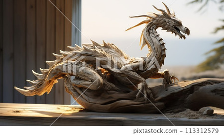Stunning strong realistic wooden dragon sitting on a piece of driftwood. 113312579