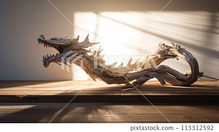 Stunning strong realistic wooden dragon sitting on a piece of driftwood. 113312592