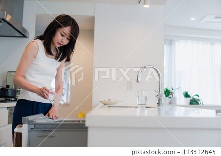 Young woman using a built-in dishwasher 113312645