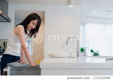 Young woman using a built-in dishwasher Young woman using a built-in dishwasher 113312646