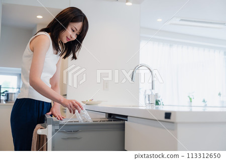 使用內建洗碗機的年輕女子 使用內建洗碗機的年輕女子 113312650
