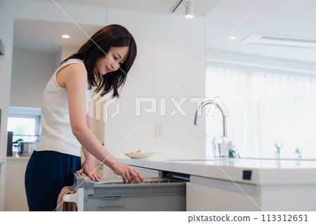 Young woman using a built-in dishwasher 113312651
