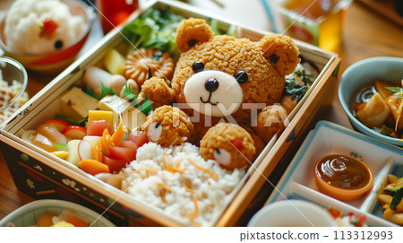It's the centerpiece of a bento lunch surrounded by traditional Japanese cuisine in a warm, ambient light. It's the centerpiece of a bento lunch surrounded by traditional Japanese cuisine in a warm, ambient light. 113312993