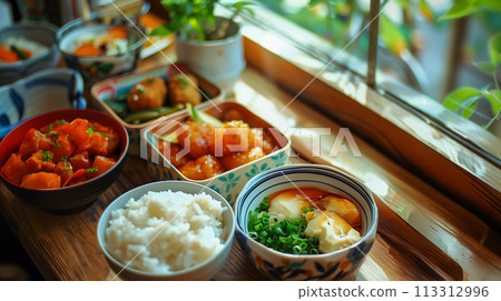 It's the centerpiece of a bento lunch surrounded by traditional Japanese cuisine in a warm, ambient light. It's the centerpiece of a bento lunch surrounded by traditional Japanese cuisine in a warm, ambient light. 113312996