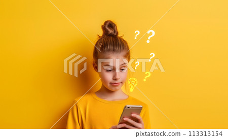 Creative mind concept with a pondering young girl and a digital light bulb symbolizing a bright idea. 113313154