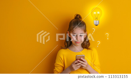 Creative mind concept with a pondering young girl and a digital light bulb symbolizing a bright idea. 113313155