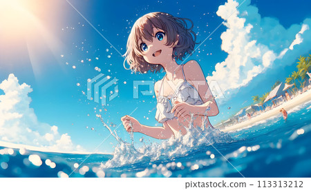 一個穿著泳衣的女孩在夏天的大海裡玩耍，背景（大海和天空）“AI 生成圖像” 113313212