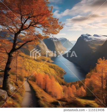 Beautiful scenery in the autumn season. AI-Generated. Beautiful scenery in the autumn season. AI-Generated. 113313436