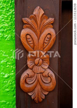 Beautiful facade of the houses at the historical downtown of the heritage town of Salamina located at the Caldas department in Colombia. 113313639