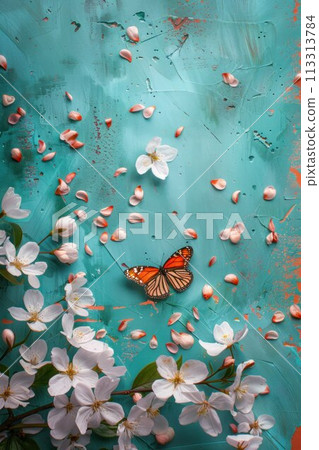 Butterfly and cherry blossoms on a turquoise background. Beautiful springtime background. Flat lay, top view. Butterfly and cherry blossoms on a turquoise background. Beautiful springtime background. Flat lay, top view. 113313784