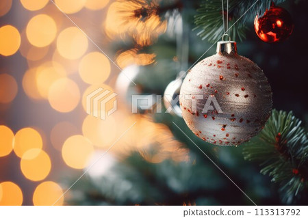 Christmas tree with decoration on bokeh background. Christmas and New Year concept. 113313792