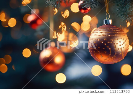 Christmas tree with decoration on bokeh background. Christmas and New Year concept. 113313793