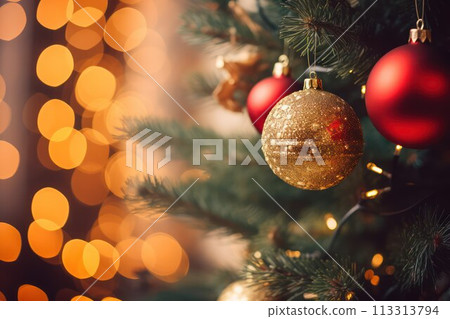 Christmas tree with decoration on bokeh background. Christmas and New Year concept. Christmas tree with decoration on bokeh background. Christmas and New Year concept. 113313794
