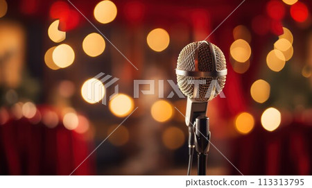 Microphone on stage background, close-up with bokeh effect 113313795