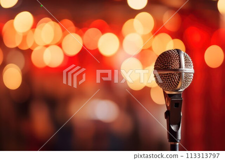 Microphone on stage background, close-up with bokeh effect 113313797